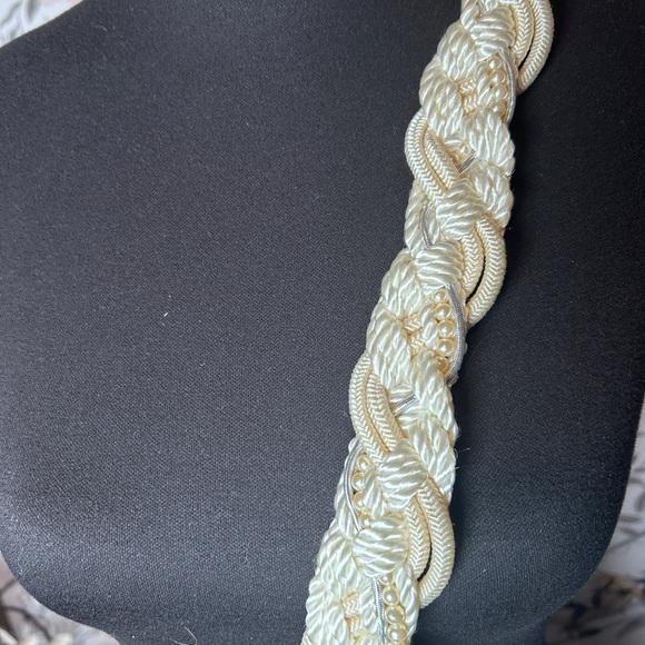 Vintage 80s Ivory Braided Rope Belt | Pearl Accent Statement Waist Belt - Picture 6 of 7